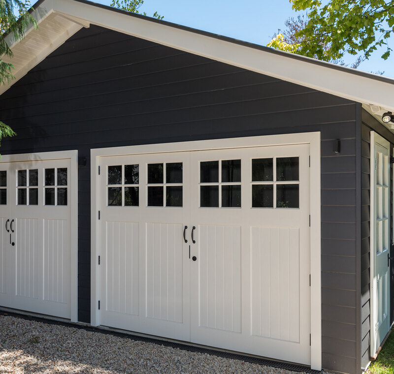 Accoya wood garage doors, painted white, for South Carolina & North Carolina homes